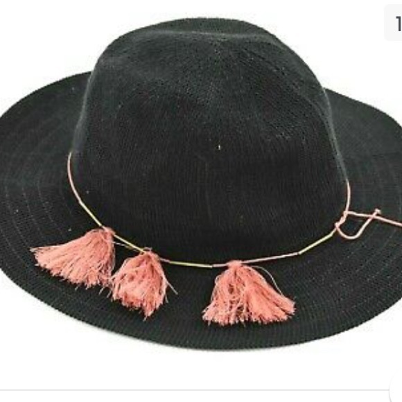 Vince Camuto Packable Dainty Tassel Panama Hat - BLACK Hat New With Tag - Picture 2 of 7